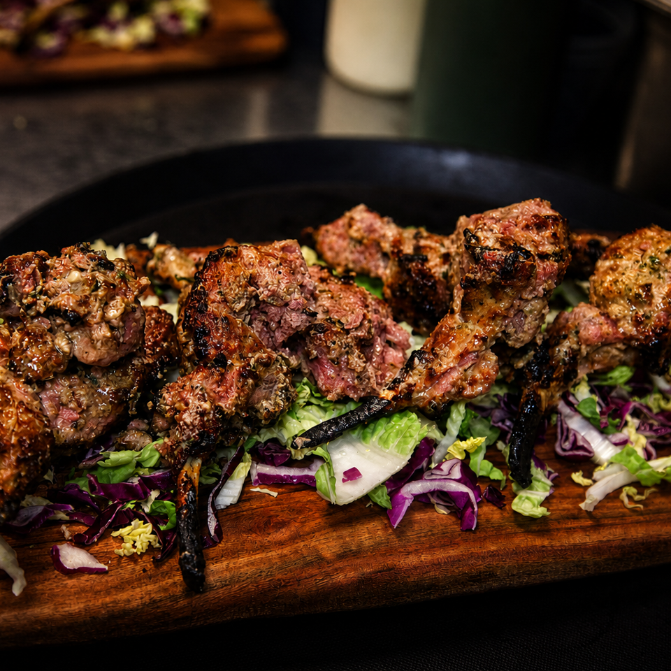 Grilled lamb chops with herbs and spices, served on a bed of fresh lettuce and red cabbage.