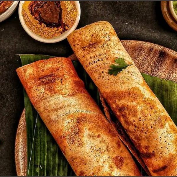 Two golden-brown dosas on banana leaves, with chutneys and pink flowers on a dark background.