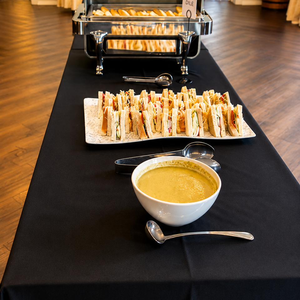 A buffet table with a chafing dish of bread, a platter of sandwiches, and a bowl of soup.