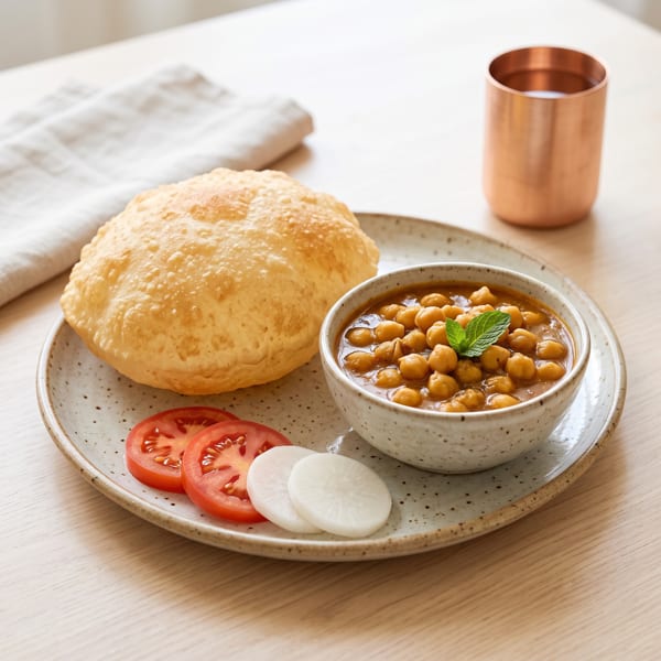 Chana masala with puri, sliced tomatoes, and radishes on a speckled plate with a copper cup.